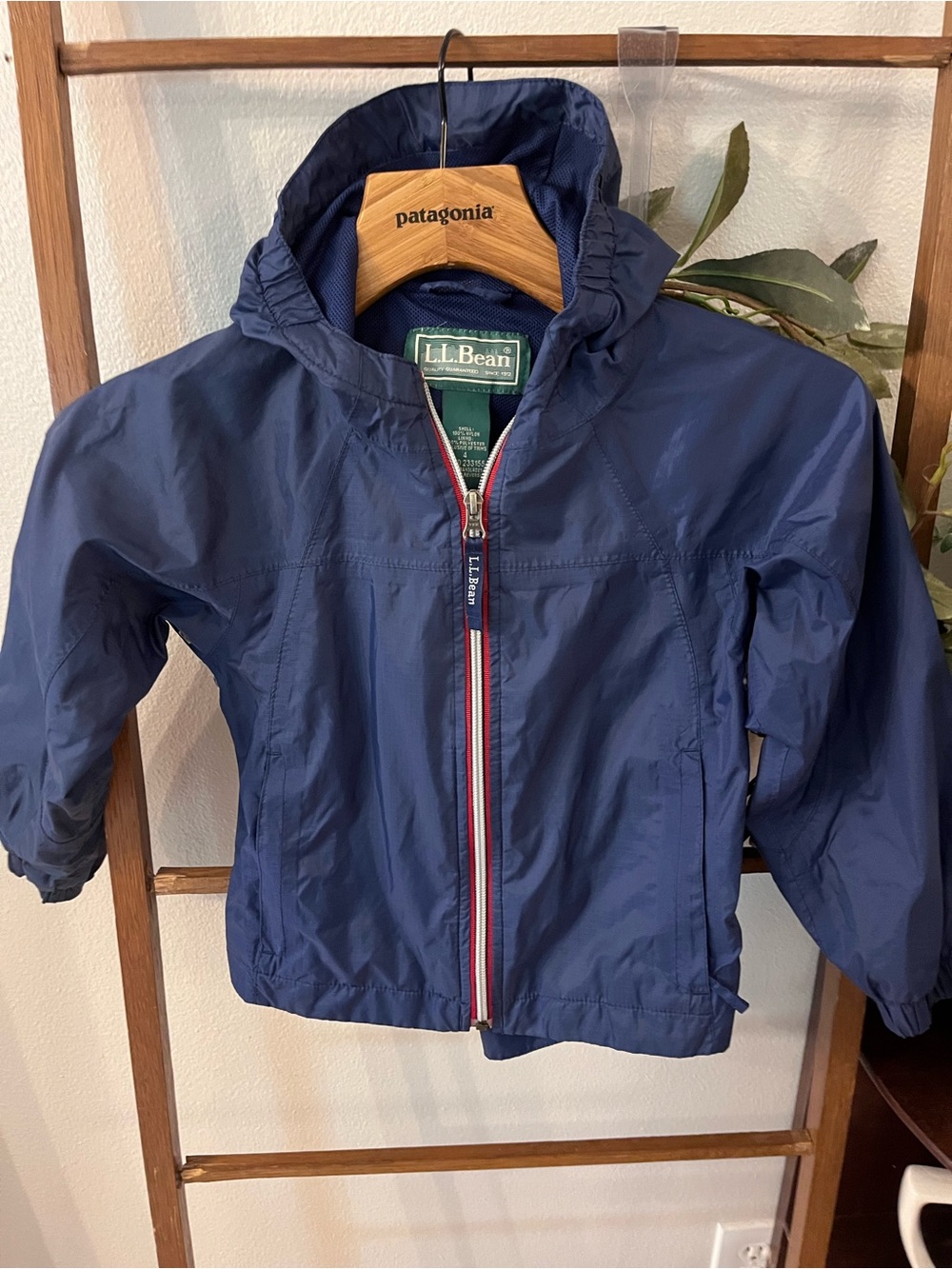 L.L. Bean Navy Kids' Hooded Rain Jacket with Red-White Zip Trim